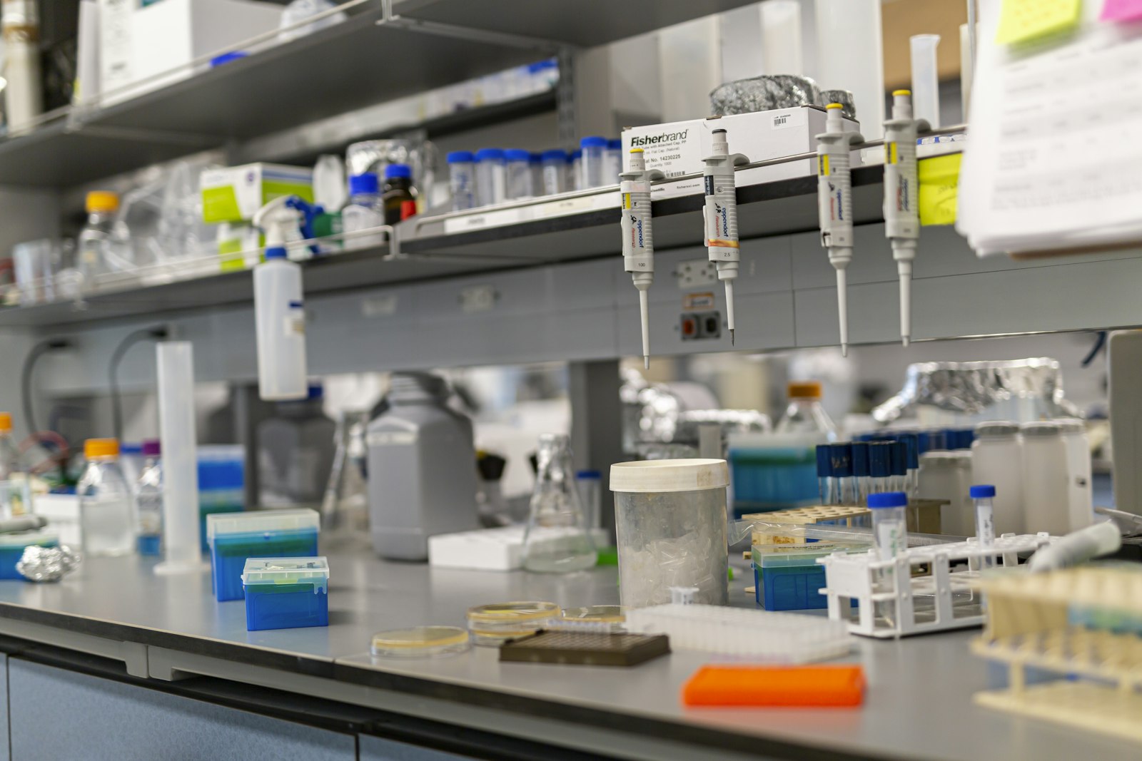 A laboratory bench of scientific instruments